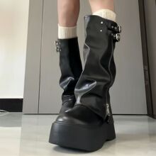 美式复古增高厚底裤管靴女2025春夏季新款甜酷百搭不过膝长靴黑色