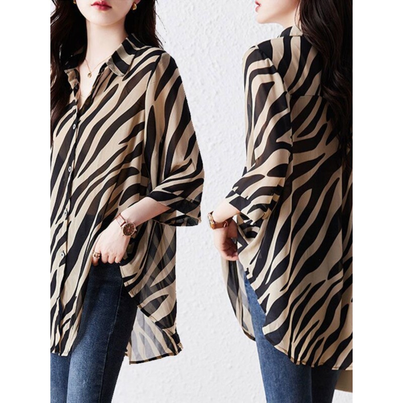 Three-Quarter Sleeve Striped Sun Protection Chiffon Shirt for Women, Zebra Print Loose Shirt, Slimming Top for Plus-Size Women