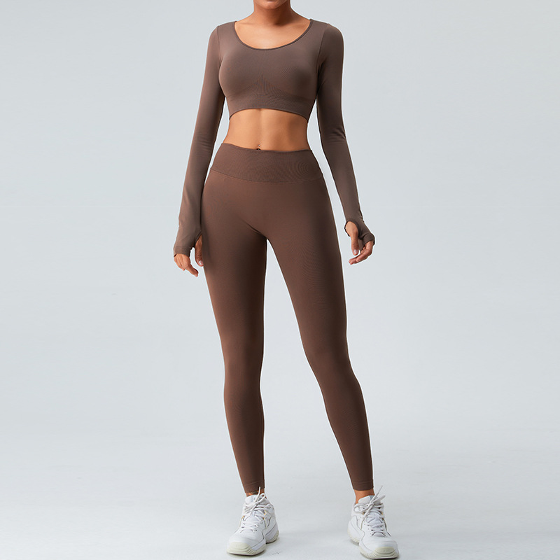 Ropa de Yoga de manga larga europea y americana transfronteriza tops de mujer espalda cruzada V cintura melocotón pantalones de yoga deportes ropa de fitness traje