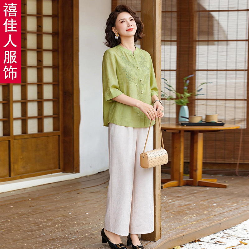 Mom's Summer Outfit 2026 New Style Middle-Aged Women's Clothing Top Set, Stylish Three-Quarter Sleeve Blouse Two-Piece Set