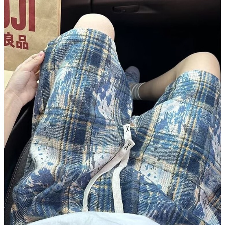Hong Kong Style Ins Tie-Dye Plaid Shorts Men's Summer New Trendyy Loose Casual Versatile 5-Point Beach Pants Trendyy