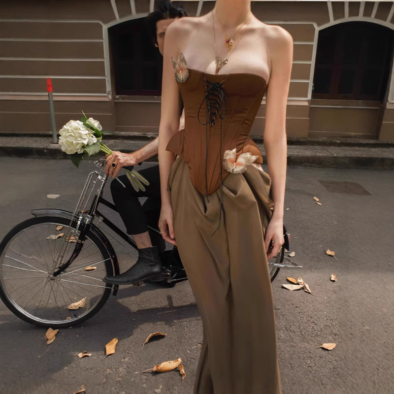 Vietnamese Niche Design Vintage Girdle Tube-length Stitching Elegant dress Women's Long Dress Vietnamese Niche Design Vintage Girdle Tube-length Stitching Elegant dress Women's Long Dress