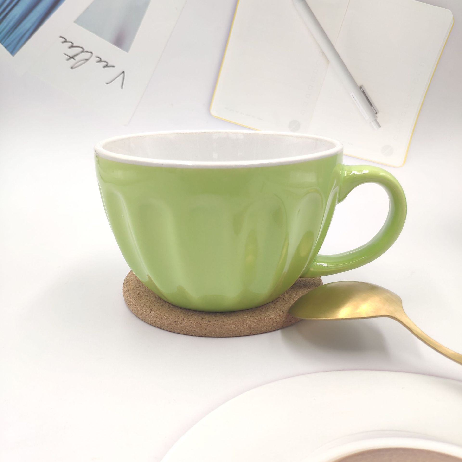 出口日式陶瓷汤杯色釉马克杯条纹儿童水杯牛奶早餐大肚杯定制