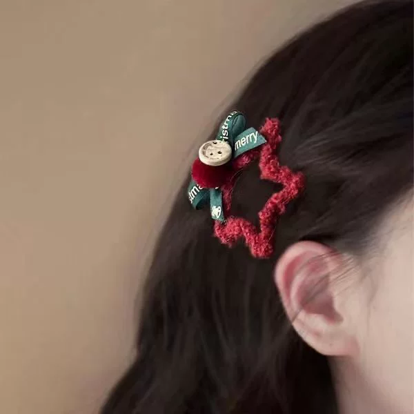 Red hairgrip, bangs with bow, hair accessory