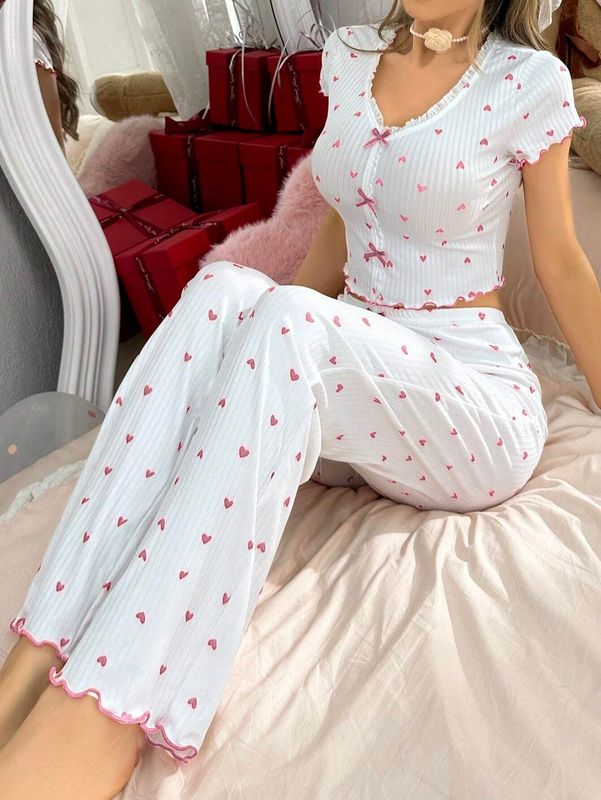 欧米の国境を越えて人気のある家庭服プリント愛vネック半袖パジャマ女性はズボンの2セットを着ることができる|undefined