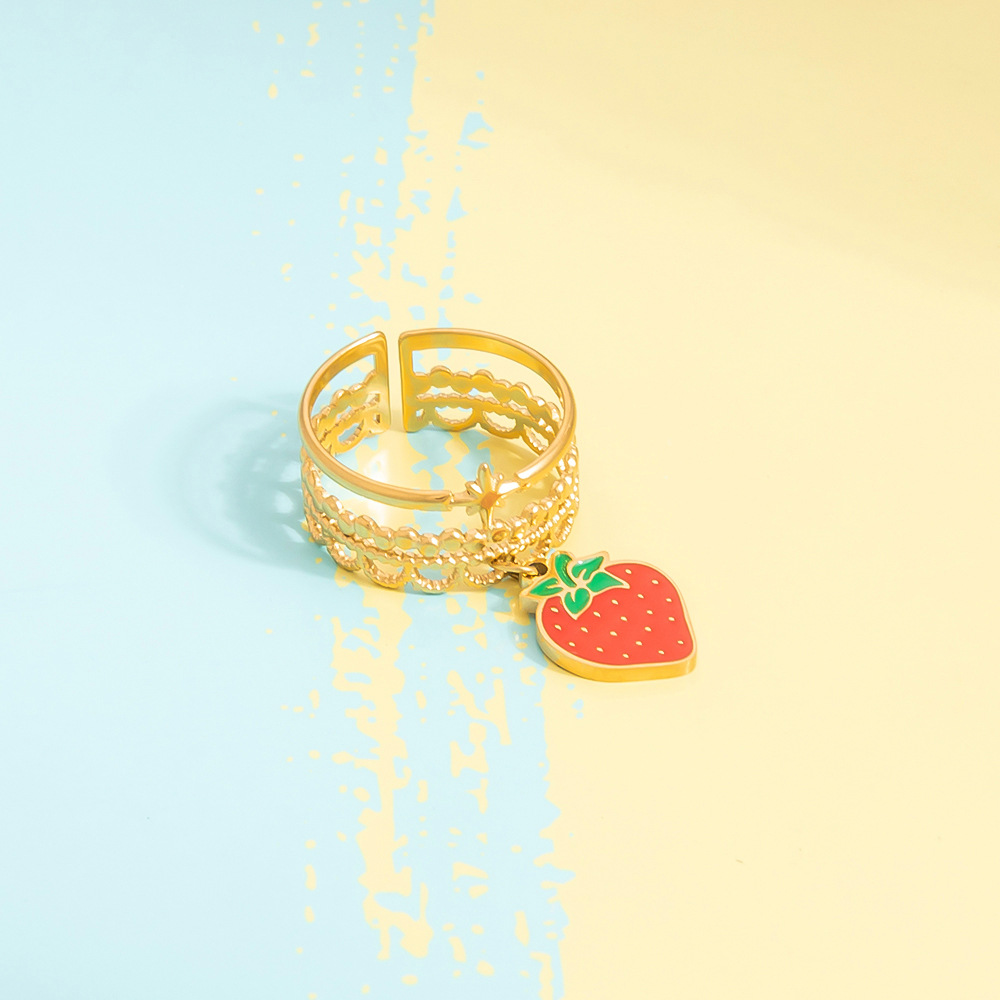 6g Weight Open Rings Classification Adjustable Ring Size 1 Piece Quantity Casual, Daily Occasion 304 Stainless Steel Material Fruit, Heart Shape Pattern Women's Gender Enamel, Plating Design Sweet, Simple Style Style Gold Color Sweet Simple Style Fruit Heart Shape 304 Stainless Steel Enamel Plating Women's Open Rings 3