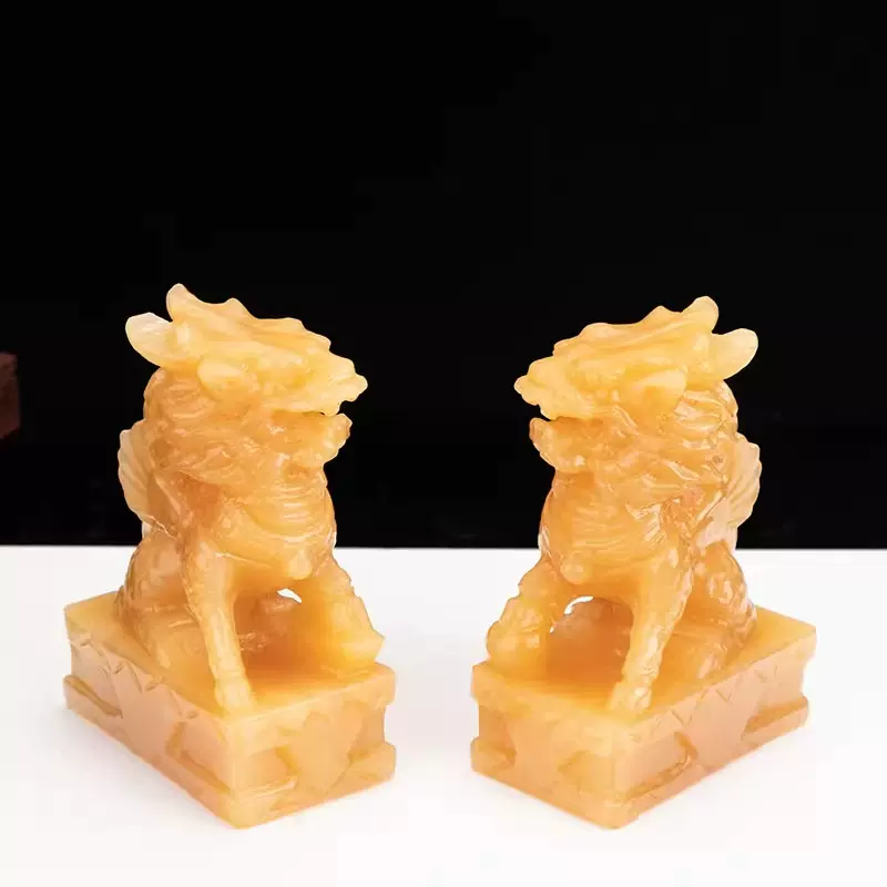 天然玉石黄玉麒麟手工雕刻家居装饰玄关客厅窗台摆件中式