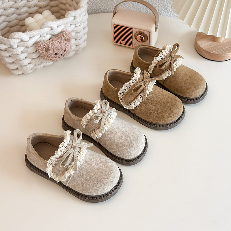 Girls' Lace Bow Flats Spring & Fall Kidsren's Suede Princess Shoes Baby Soft Sole Retro Small Leather Shoes
