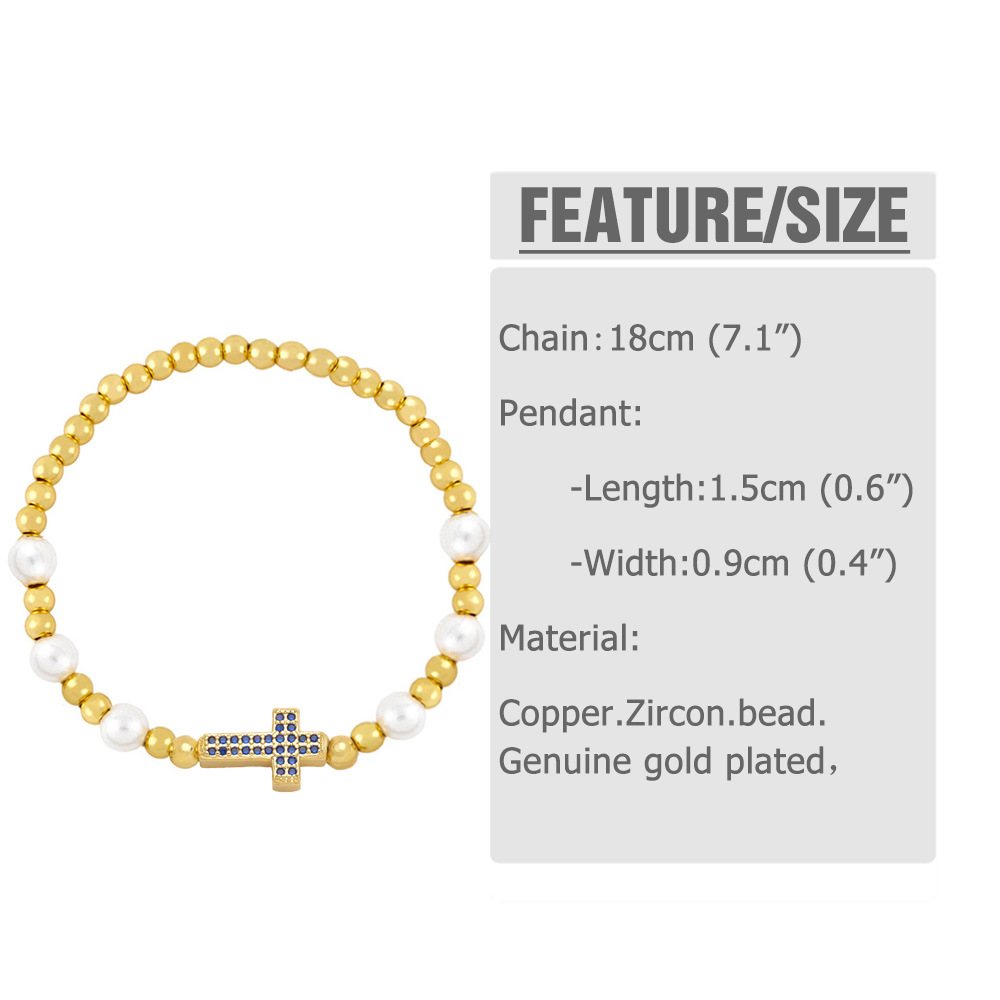 Fashion Cross Copper Bracelets Beaded Pearl Gold Plated Zircon Copper Bracelets