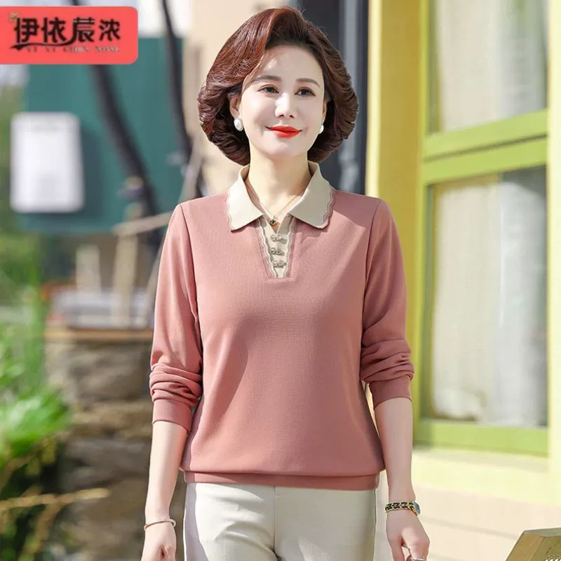 Весенняя женская футболка с длинными рукавами и лацканами, топ, одежда для мамы, однотонная простая нижняя рубашка для женщин среднего возраста для 45-летних женщин, оптовая продажа