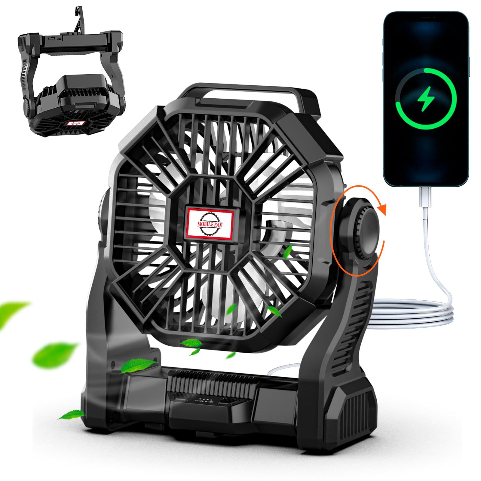 Ventilador para Tienda de Campaña USB Recargable con Luz LED y Gancho para Camping