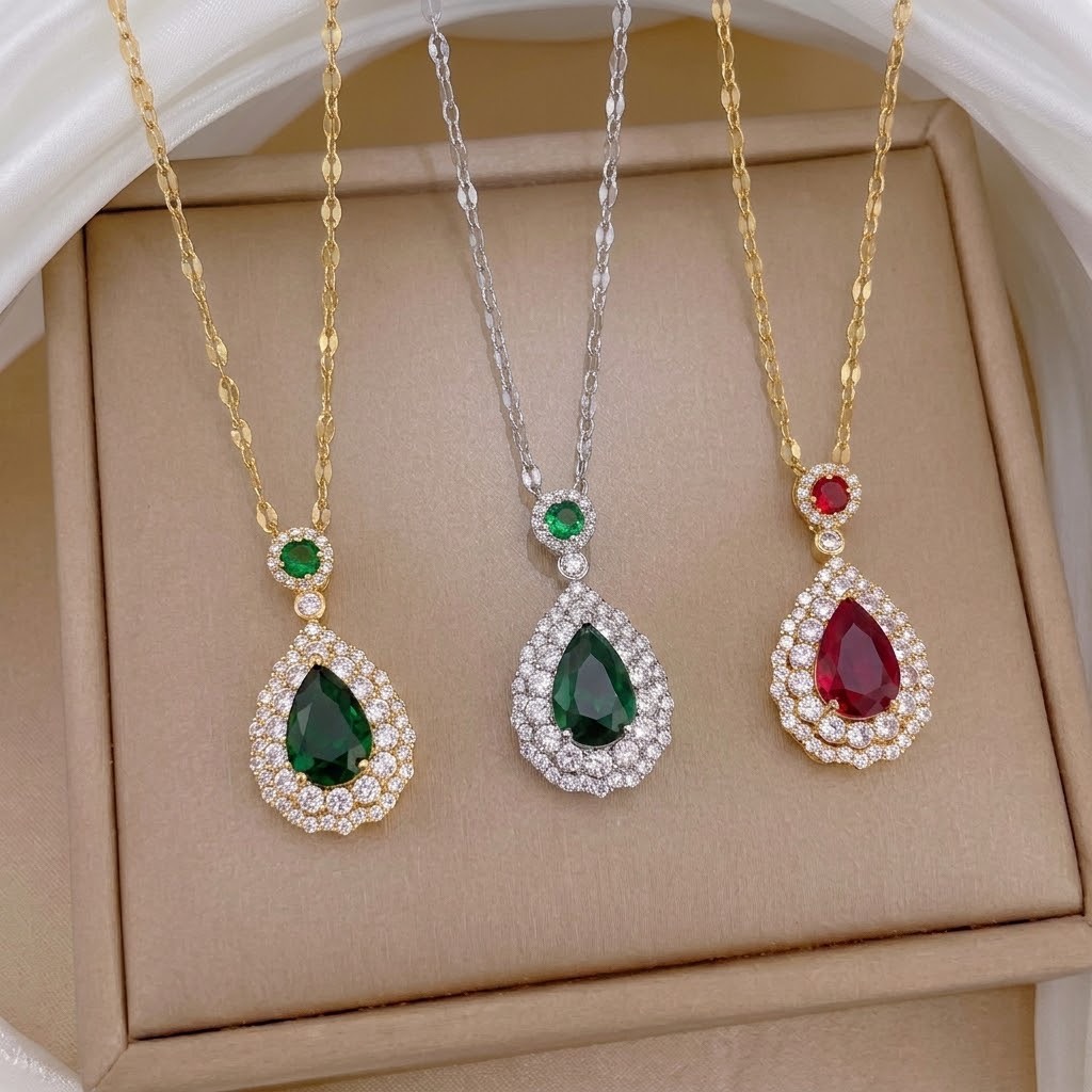 fashionable necklace drop-shaped with zircon stainless steel