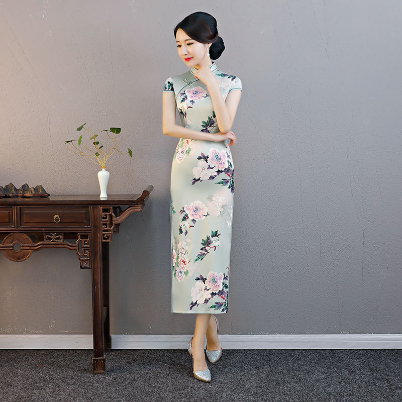 雙層傳統長款改良旗袍2024新款女中式復古走秀款演出服裝一件代發