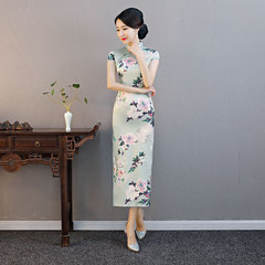 雙層傳統長款改良旗袍2024新款女中式復古走秀款演出服裝一件代發