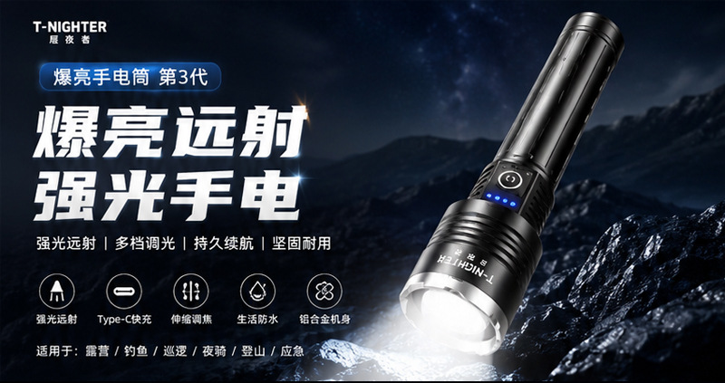 Cross-Border Hot-Selling High-Brightness Flashlight with Aluminum Alloy Body, Outdoor Super Bright Lithium Battery, Long-Lasting Battery Life, Multi-Light Core Work Light