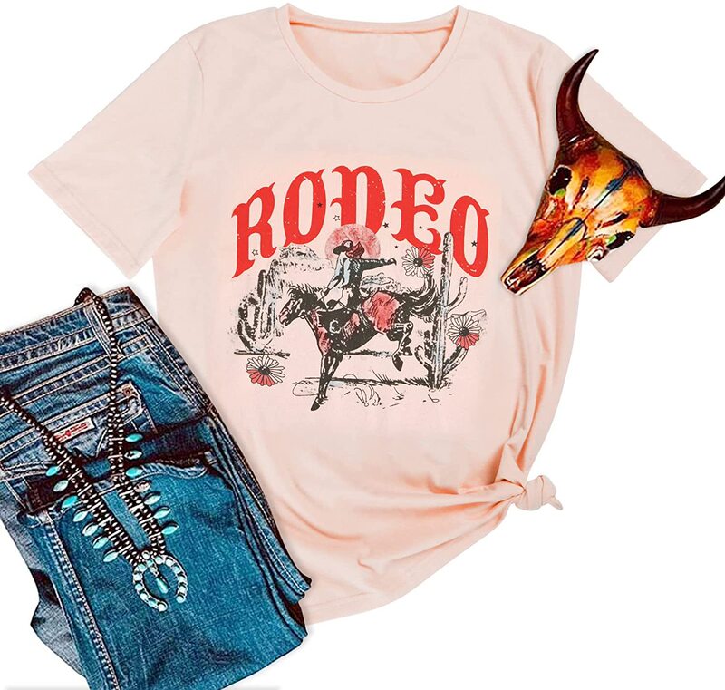 in stock AliExpress European and American New Wild West Denim Cactus Pattern Printed Women Cotton T-Shirt Top