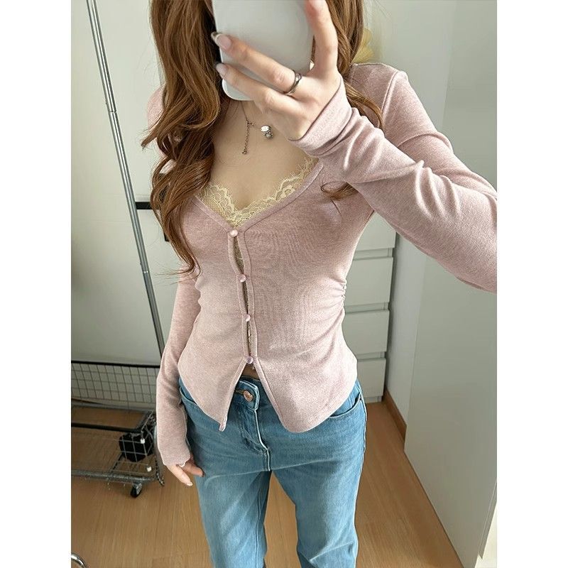 Pure Desire Hot Girl Lace Fake Two-Piece Long Sleeve T-Shirt for Women, Spring Slim Fit Waist-Cinching Base Layer Short Collared Top