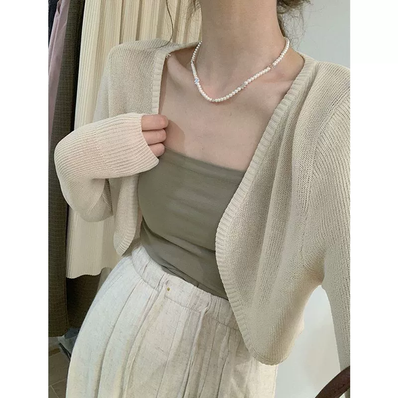 Короткий шелковый тонкий кардиган, slip dress, летний вязаный плащ, жилет, французский стиль, солнцезащитный