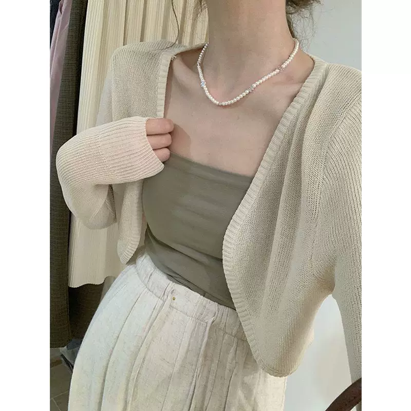 Короткий шелковый тонкий кардиган, slip dress, летний вязаный плащ, жилет, французский стиль, солнцезащитный