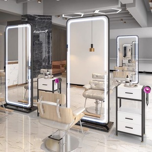Internet Popular Hairdressing Mirror Desk Barber Shop Hair Salon Special Hair Cutting Mirror Simple Double-Sided Floor Mirror Standing Mirror with Light Trendy Shop