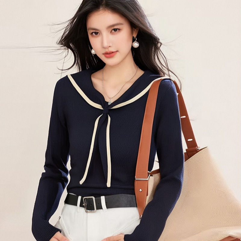 Korean Design Age-Reducing Slim-Fitting Women's 2025 Autum New Preppy Style Navy Collar Shawl Versatile Knitwear Korean Design Age-Reducing Slim-Fitting Women's 2025 Autum New Preppy Style Navy Collar Shawl Versatile Knitwear