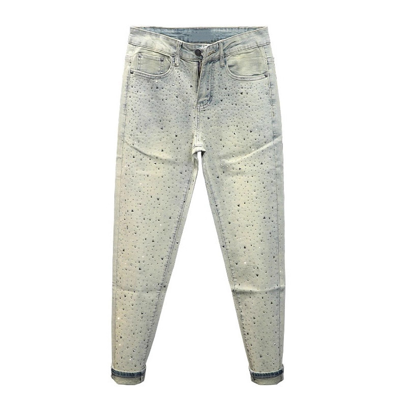 Jeans da uomo slim fit elasticizzati in stile retrò, decorati con strass, pantaloni skinny pesanti e alla moda._voghion.com