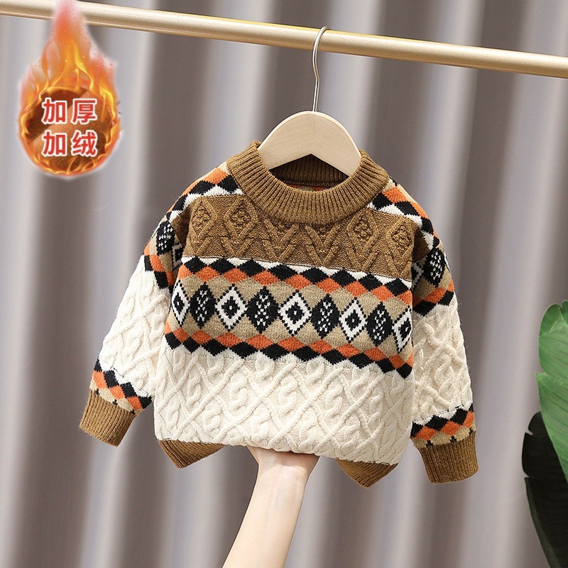 2025男寶秋冬新款加絨加厚寶寶圓領保暖套頭打底毛線衣時尚百搭男