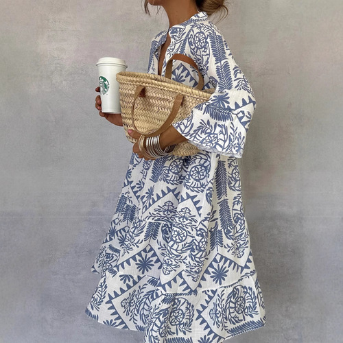 2025 Independent Station Dress, Instagram Style Casual Print Seven-Sleeve Shirt Dress for Women