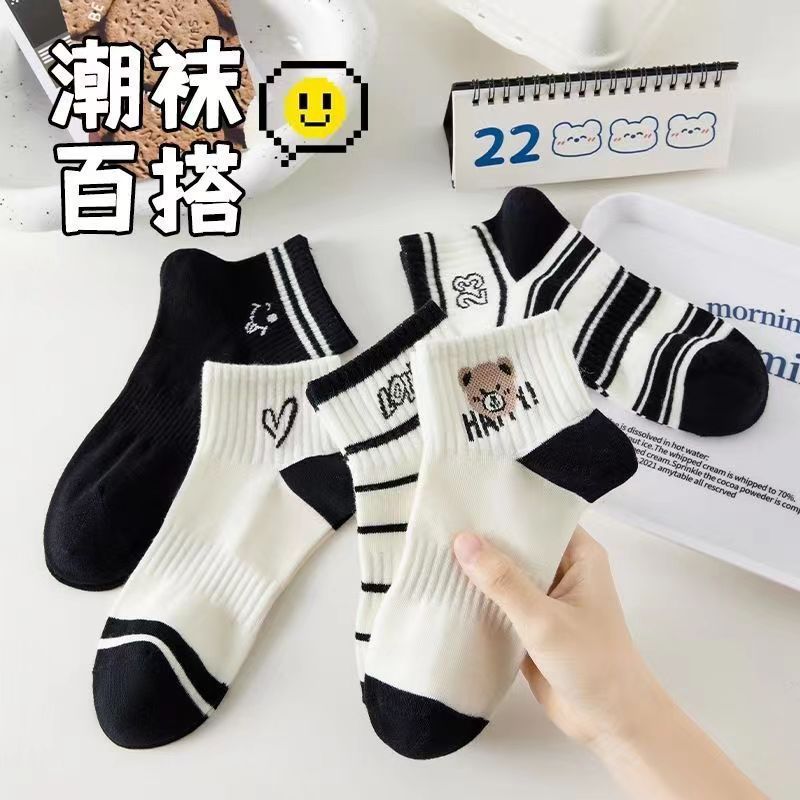 5 pares de calcetines para el cabello, transpirables y absorbentes de sudor para mujer, calcetines delgados con letras de dibujos animados, calcetines con lazo, malla de verano