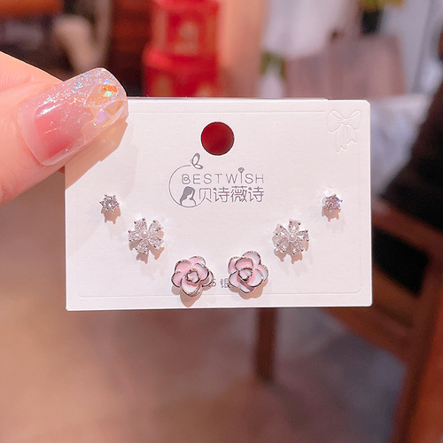 Exquisite glazed flower small earrings set of six pieces, women's silver needle mini cute earrings and earrings