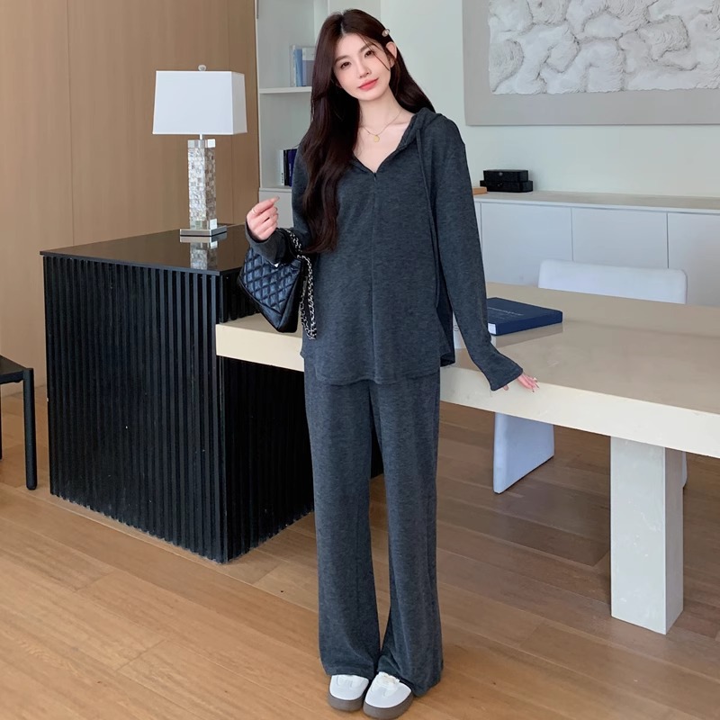 임산부의 가을 세트 패션 세련된 세련된 게으른 스타일 후드 긴팔 땀 작은 여성을위한 봄과 가을 투피스 세트