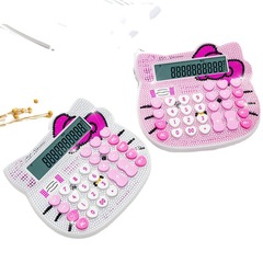 Large Cat Head Voice Announcement Calculator with Diamond Accents, Cartoon Style, Model KT-5588, Pink with Crystal Diamond Stickers, Computer