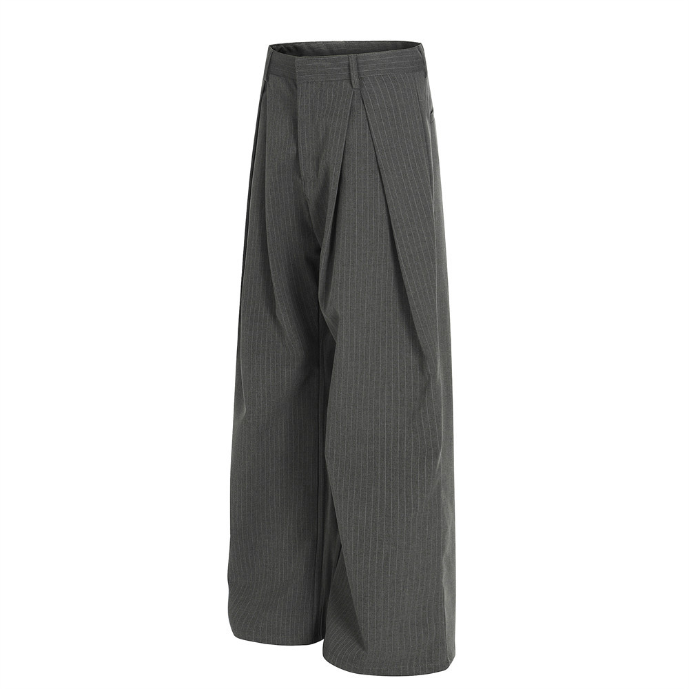 American Style Vertical Striped Casual Suit Men's Straight Versatile Design Pleated Wide-Leg Loose Long Pants_voghion.com