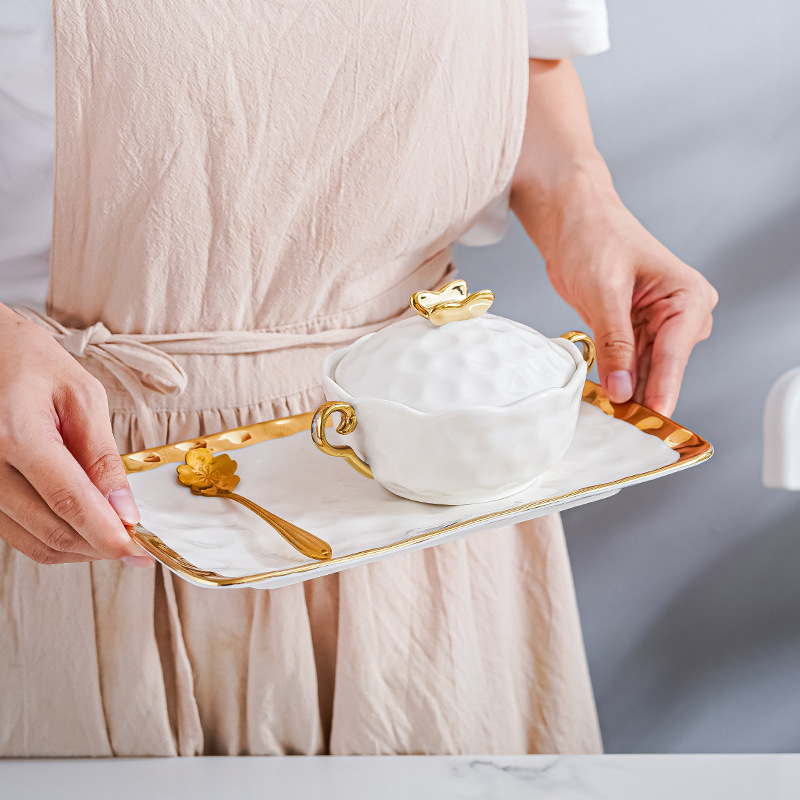 Cuenco de postre de agua de azúcar de cerámica set hogar Nido de Pájaro estofado tazón de sopa Internet celebridad una persona comida doble oreja tazón con tapa tazón de desayuno