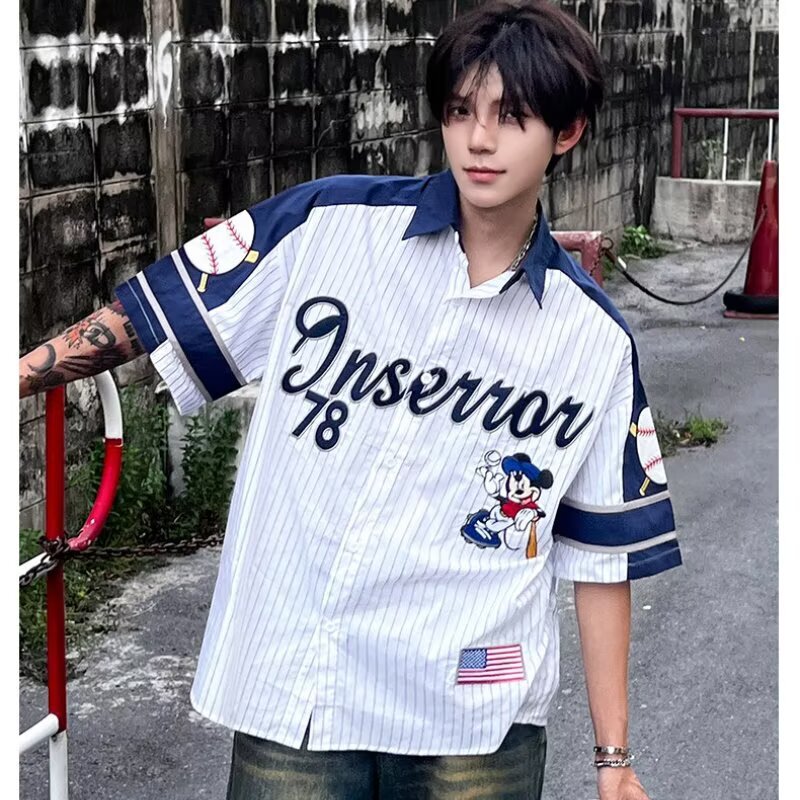 Japanese-Style Striped Color-Block Mickey Baseball Short-Sleeve Shirt for Men and Women, Youth Summer Street Style Loose Couple's Shirt Japanese-Style Striped Color-Block Mickey Baseball Short-Sleeve Shirt for Men and Women, Youth Summer Street Style Loose Couple's Shirt