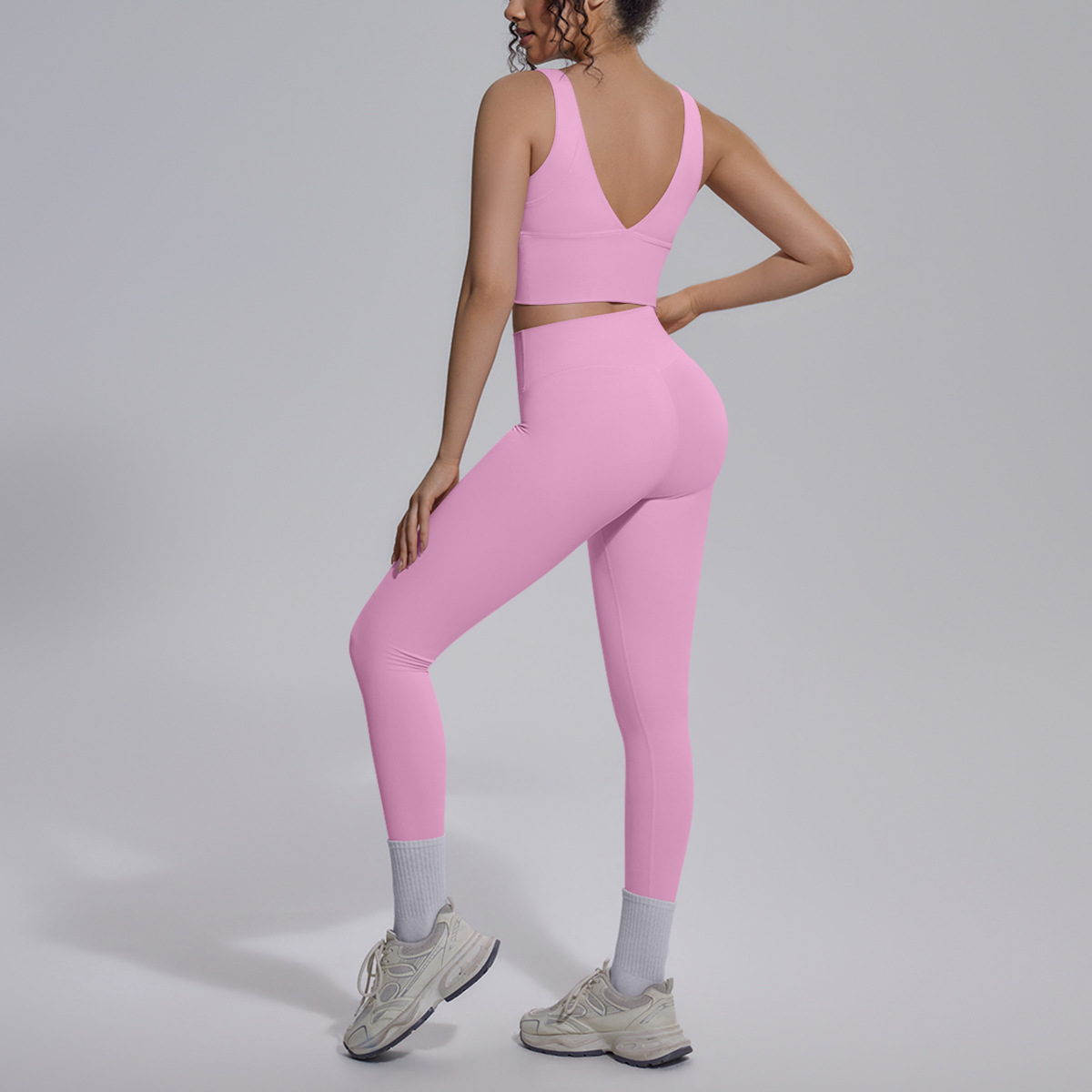 Cross-border sólido doble cara brocado en forma de V belleza trasera ventilada ropa de yoga ajustada juego deportivo correr fitness dos piezas juego de mujeres