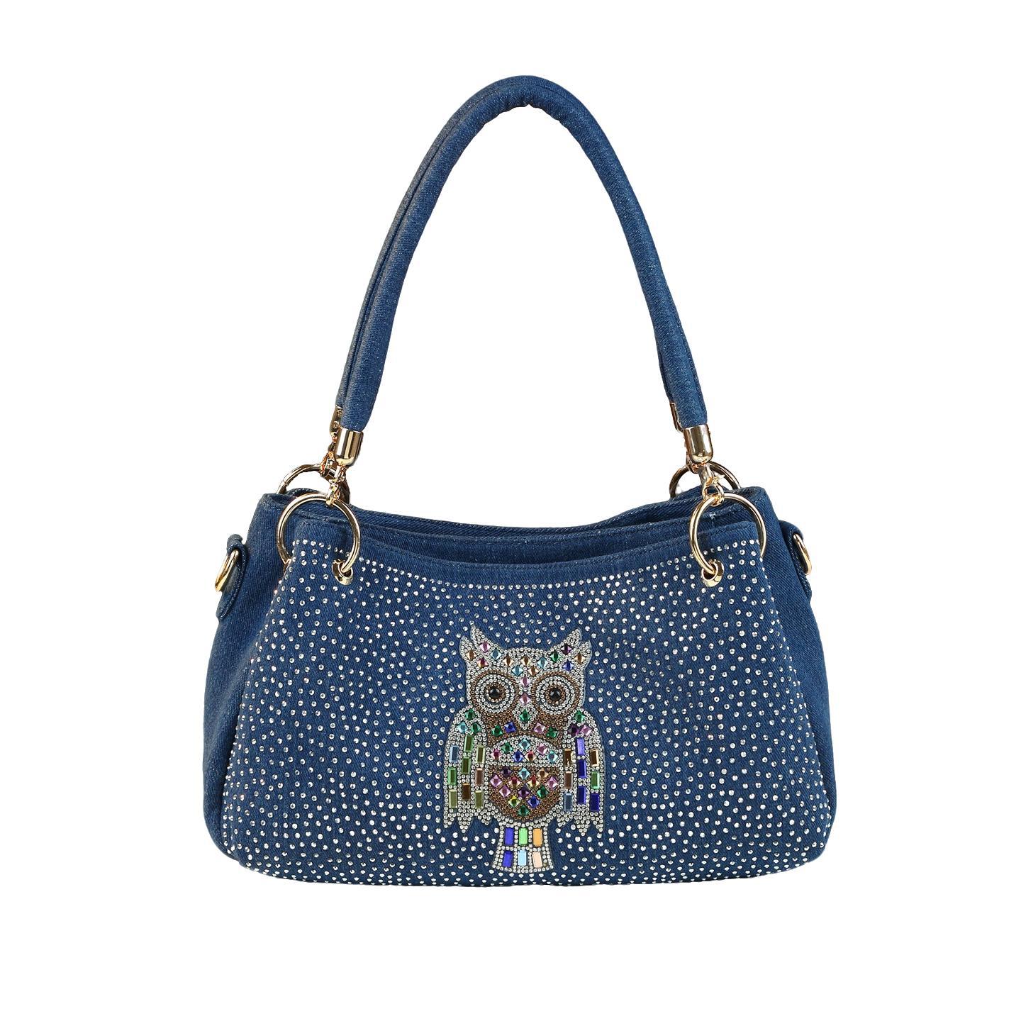 Túi đeo chéo nữ denim phong cách lang thang, thiết kế đính đá thời trang — Cao bồi Owl, Cao bồi trắng khoan, Ngôi sao năm cánh đen
