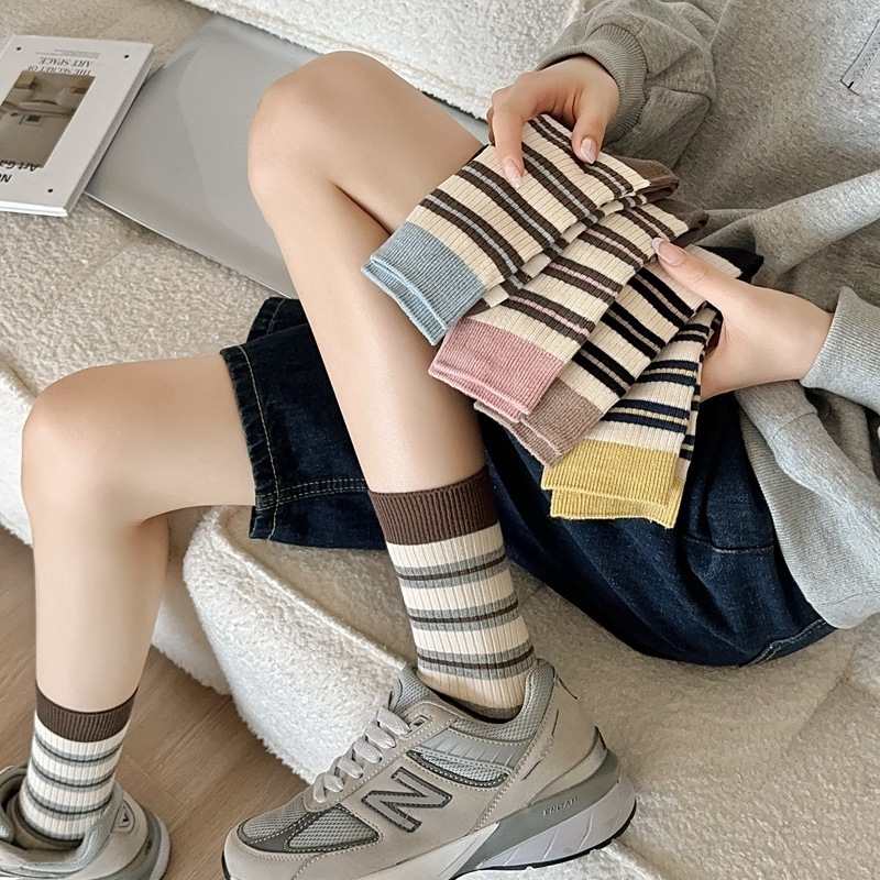 撞色条纹袜子女春秋季双针休闲无骨中筒袜ins潮韩系秋冬堆堆长袜|undefined
