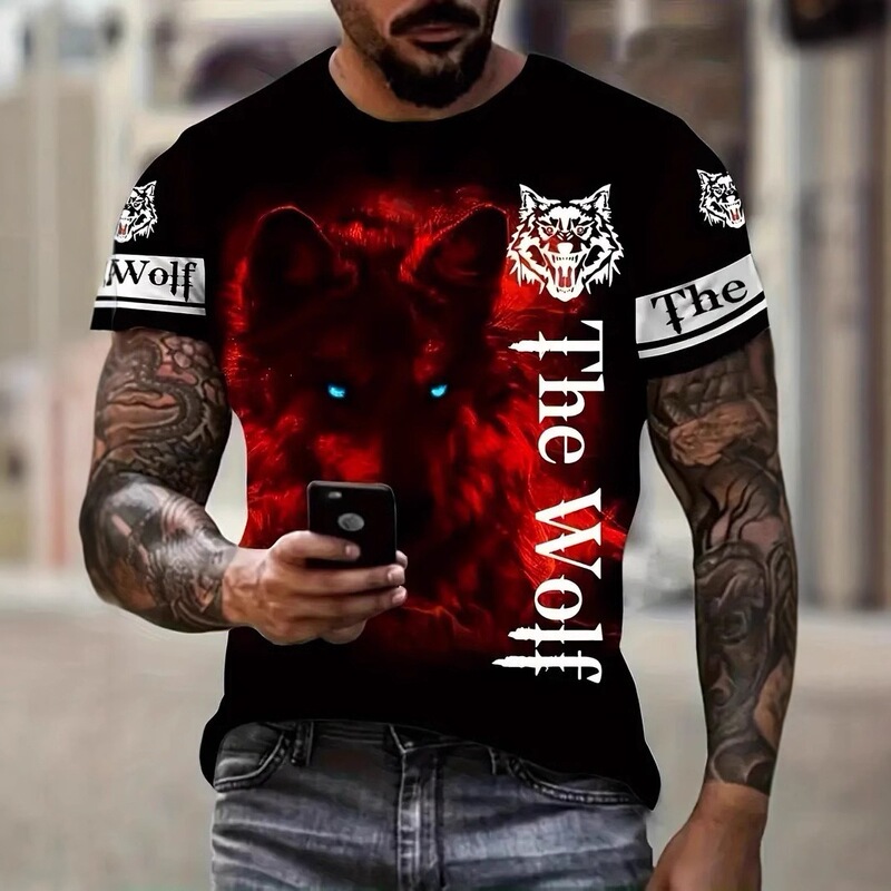 Men's high street versatile loose-fitting short-sleeve breathable round-neck T-shirt Hellfire Wolf THE WOLF hot-selling 3D print
