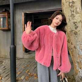 甜美粉色防水貂毛外套女冬季羊羔毛今年流行爆款减龄超火加厚棉服