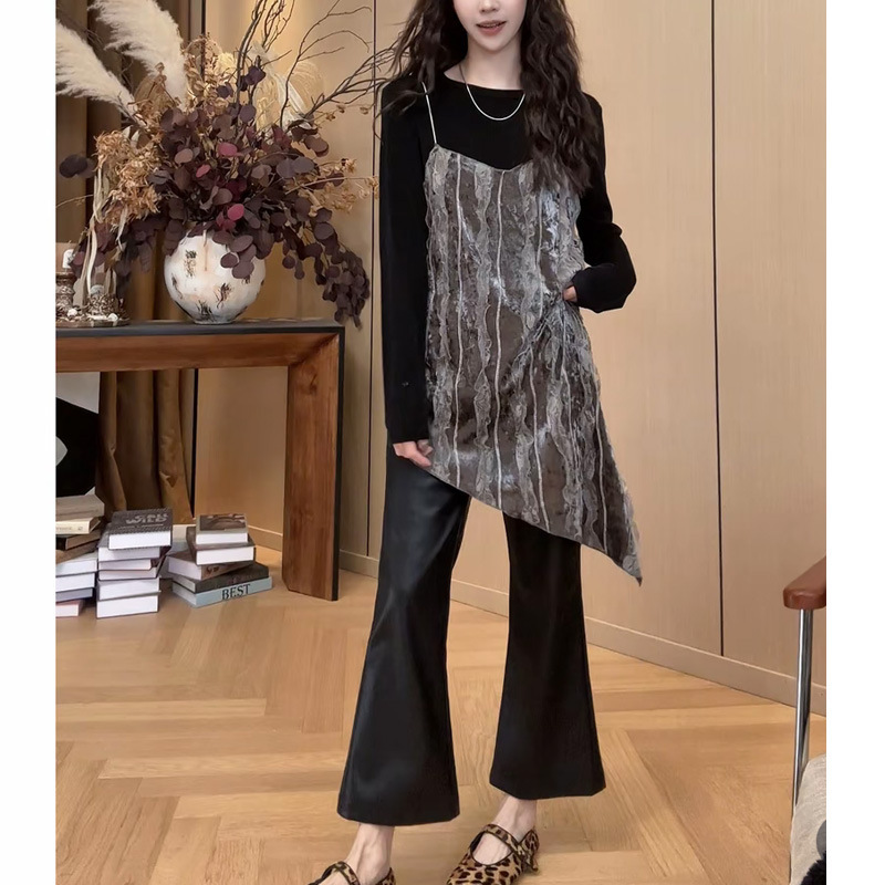 【Velvet Crochet Strap Dress】2026 Early Spring New Versatile Casual Dress, Base Shirt, Leather Pants Three-Piece Set 【Velvet Crochet Strap Dress】2026 Early Spring New Versatile Casual Dress, Base Shirt, Leather Pants Three-Piece Set