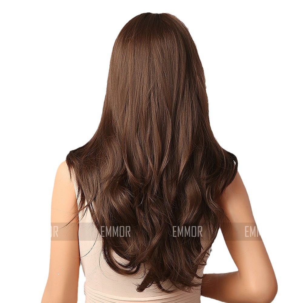 2024 venta caliente moda temperamento diosa Qi flequillo gran onda pelo largo y rizado filamento de alta temperatura peluca suave para mujer