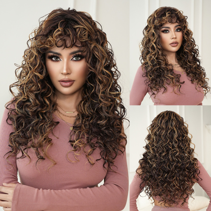 新しいホットガールアジアンハニーゴールドカーリーヘア黒人スプリングカーリーロングヘア前髪付き化学繊維機械製ウィッグ|undefined