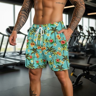 Cross-Border Hawaiian Men's Palm Banana Leaf Print Summer Beach Shorts Drawstring Fitness Sweatpants Starting from One Piece