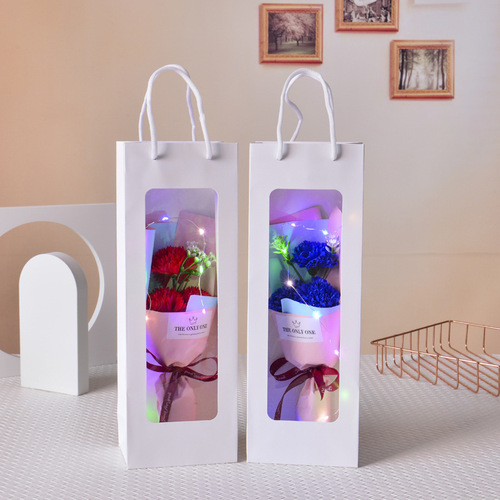 Matching soap flower rose bouquet with tote bag window visual gift box sales accessories