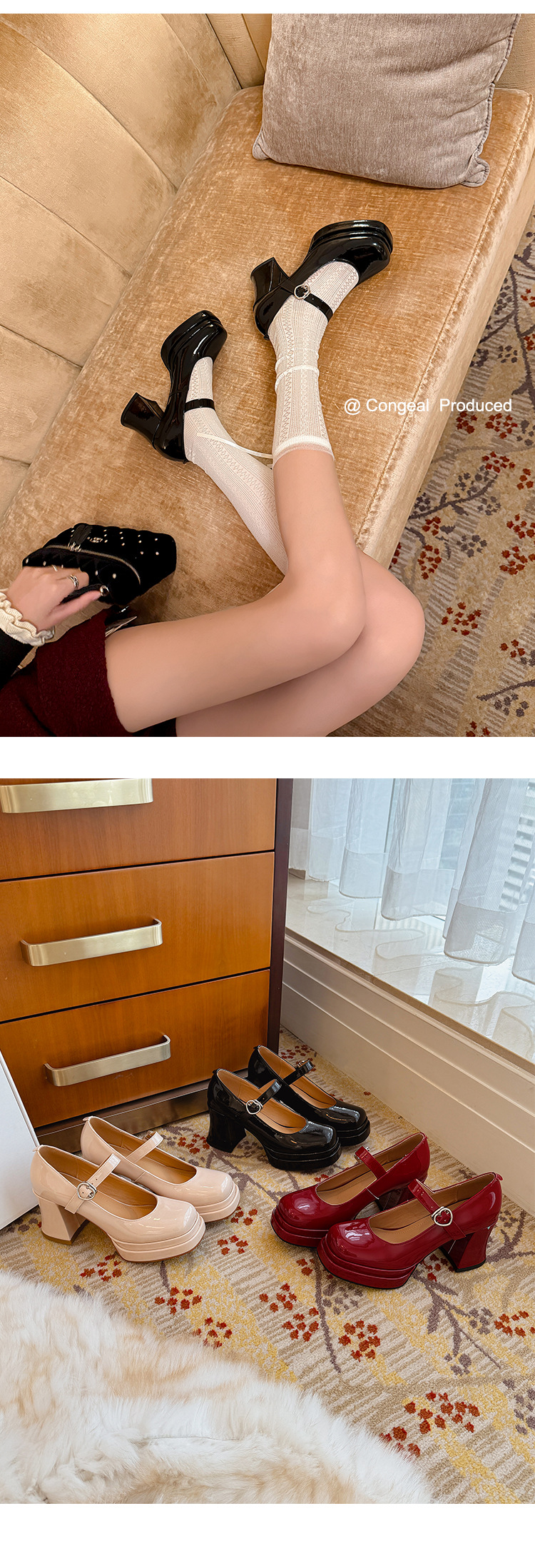 Giày cao gót Mary Jane đế xuồng mũi vuông phong cách cổ điển — Trần truồng hồng, màu đen, màu đỏ chi tiết 24