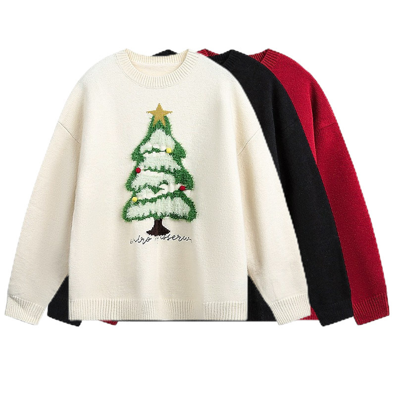 Explosiones transfronterizas de tamaño europeo de tamaño grande atmósfera de árbol de Navidad camisetas de punto suéter toallas de hombre bordadas tridimensionales otoño y invierno fábrica al por mayor
