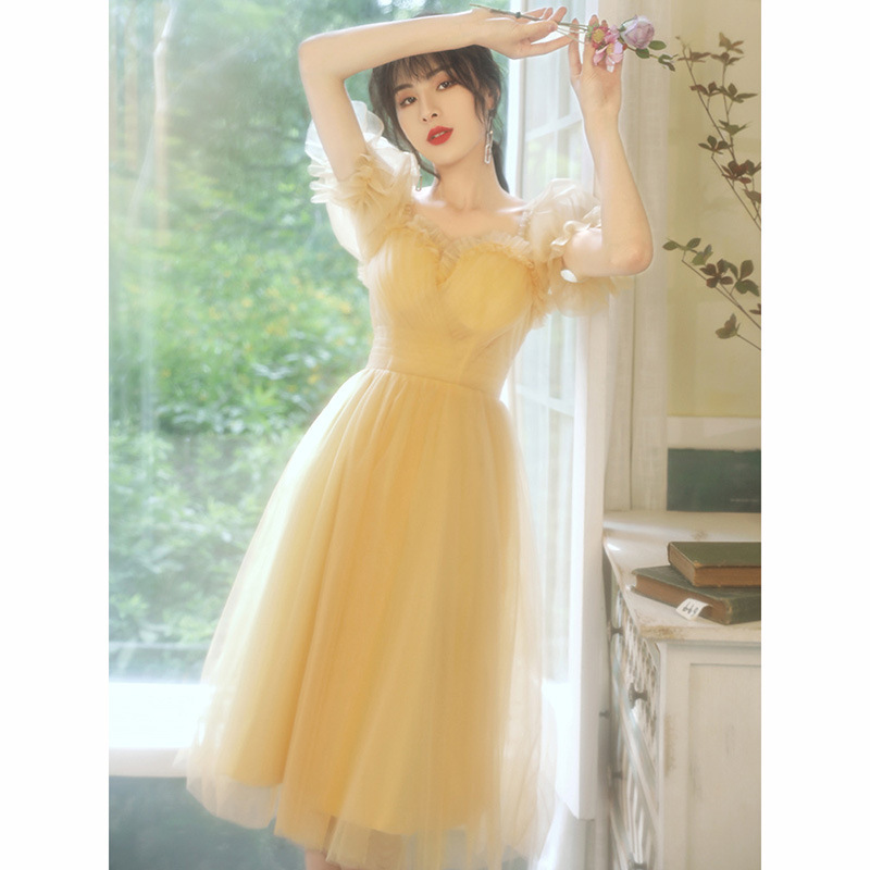 Elegant Evening Dress for Petite Women, Yellow, Suitable for Birthday Parties, Art Exams, Bridesmaids, Summer Short Style, Can Be Worn Casually or by Hosts Elegant Evening Dress for Petite Women, Yellow, Suitable for Birthday Parties, Art Exams, Bridesmaids, Summer Short Style, Can Be Worn Casually or by Hosts