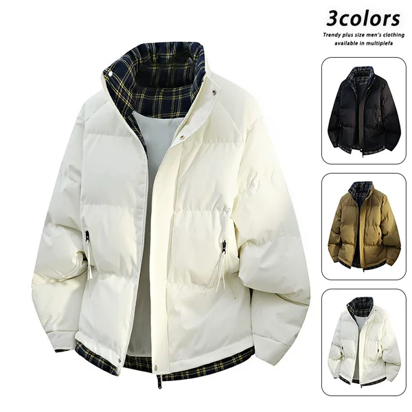 Fashionable Patchwork Color-Block Thickened Warm Cotton Coat, Loose and Comfortable Stand-Up Collar Casual Cotton Jacket for Winter, Off-White