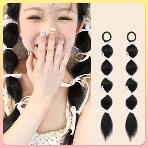 Factory Hot Sale Female Horse Tail Hair Band with Ribbon, Bubble Ponytail Hair Band Style Fake Boxing Braids Hair Extensions in Stock